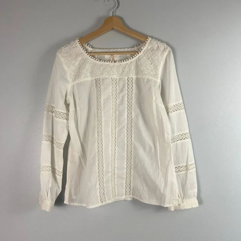 Free People 100% Cotton Embroidered Lace Peasant Blouse